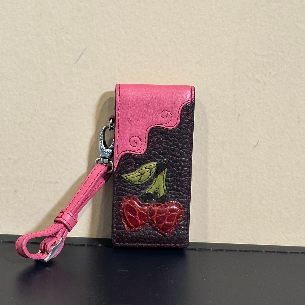 Brighton Leather iPod Nano Case Pink Brown Cherry Applique Wristlet Accessory